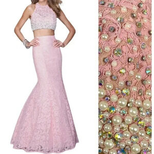 NWT LA FEMME Pink Lace Imitation Pearl Accent Two Piece Mermaid Gown Size 00